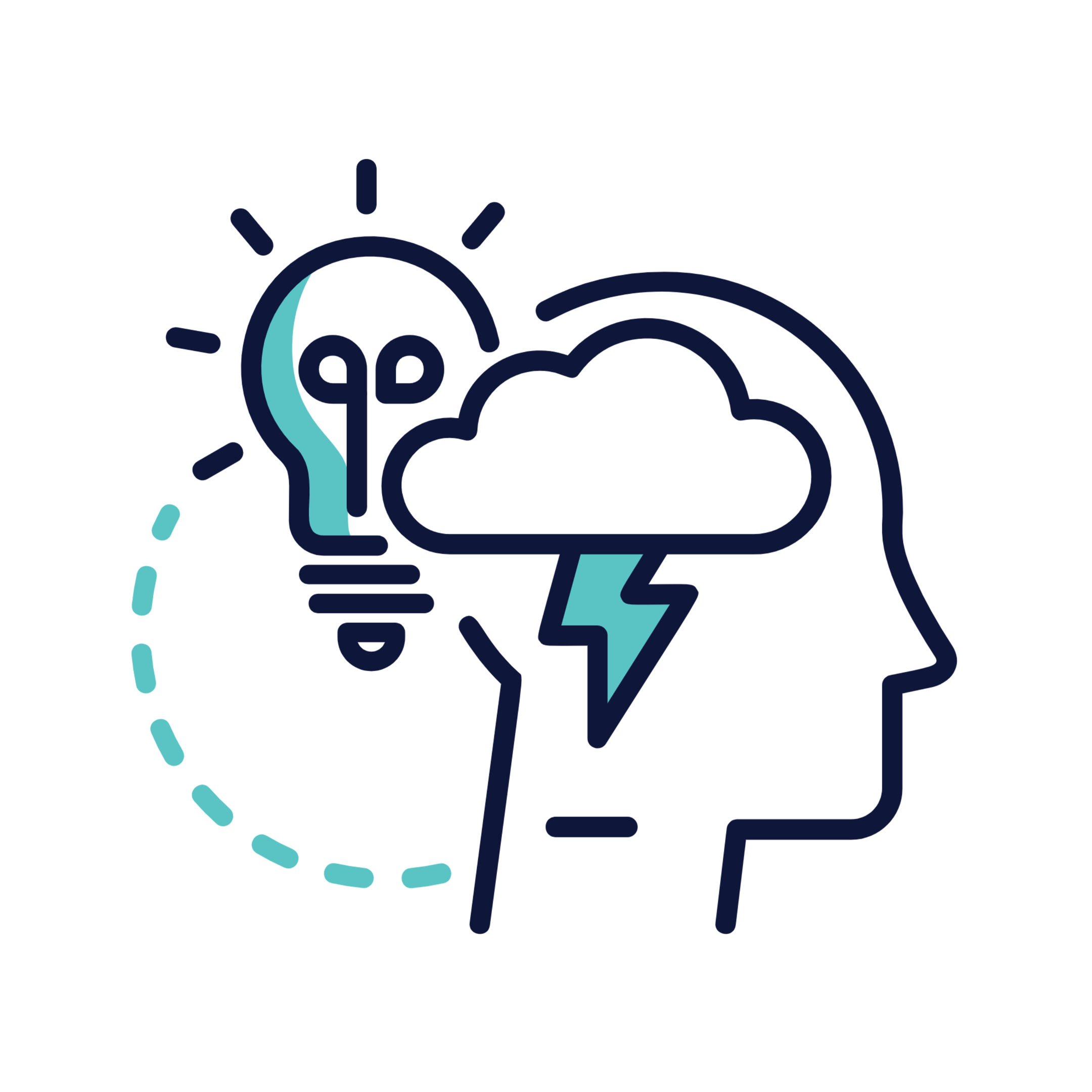 Illustration of a person's head. The place where the brain would be is occupied by a cloud with lightning emerging from it. There is a light bulb next to the cloud.