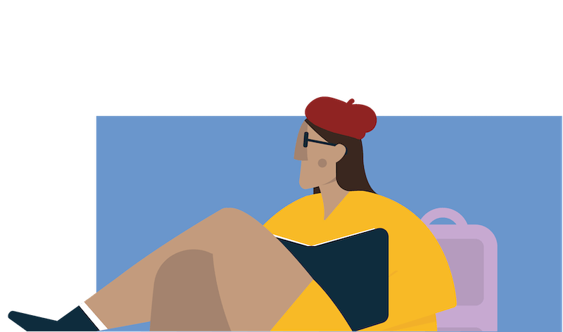 An illustration of a person sitting with their legs crossed. They are reading a book.