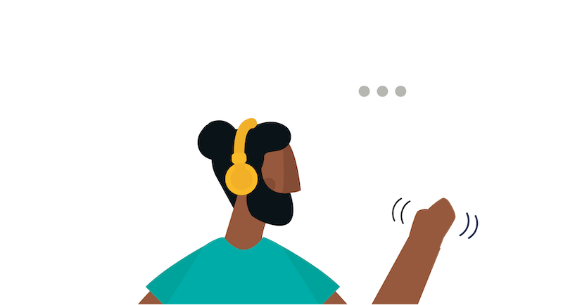 An illustration of a person waving. They're wearing headphones.