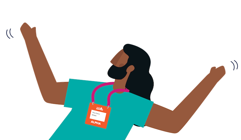 An illustration of a person wearing a Web Summit Rio lanyard and name card. They're waving their arms in the air and appear to be celebrating.