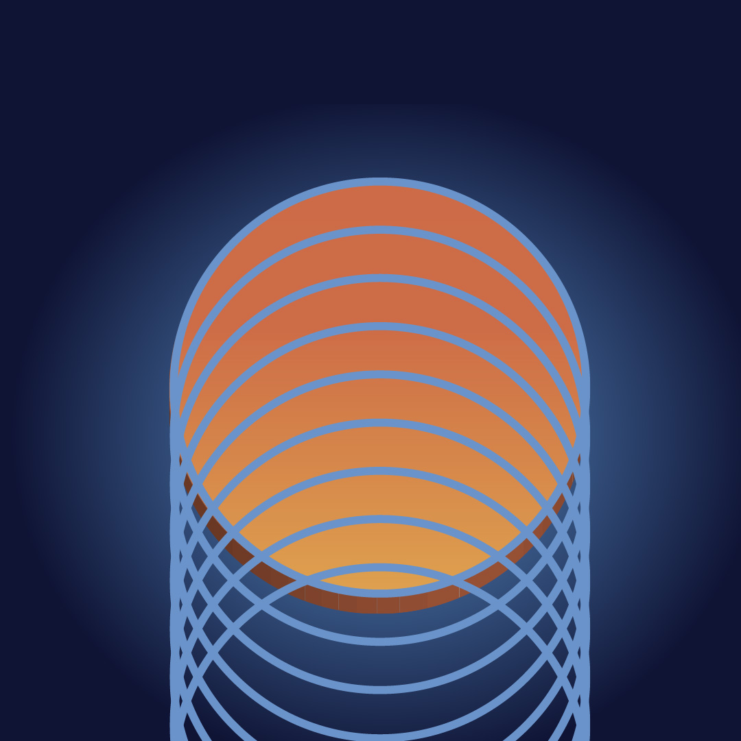 An illustration of overlapping circles in a column. At the top of the column is a solid, 3D-style circular shape.