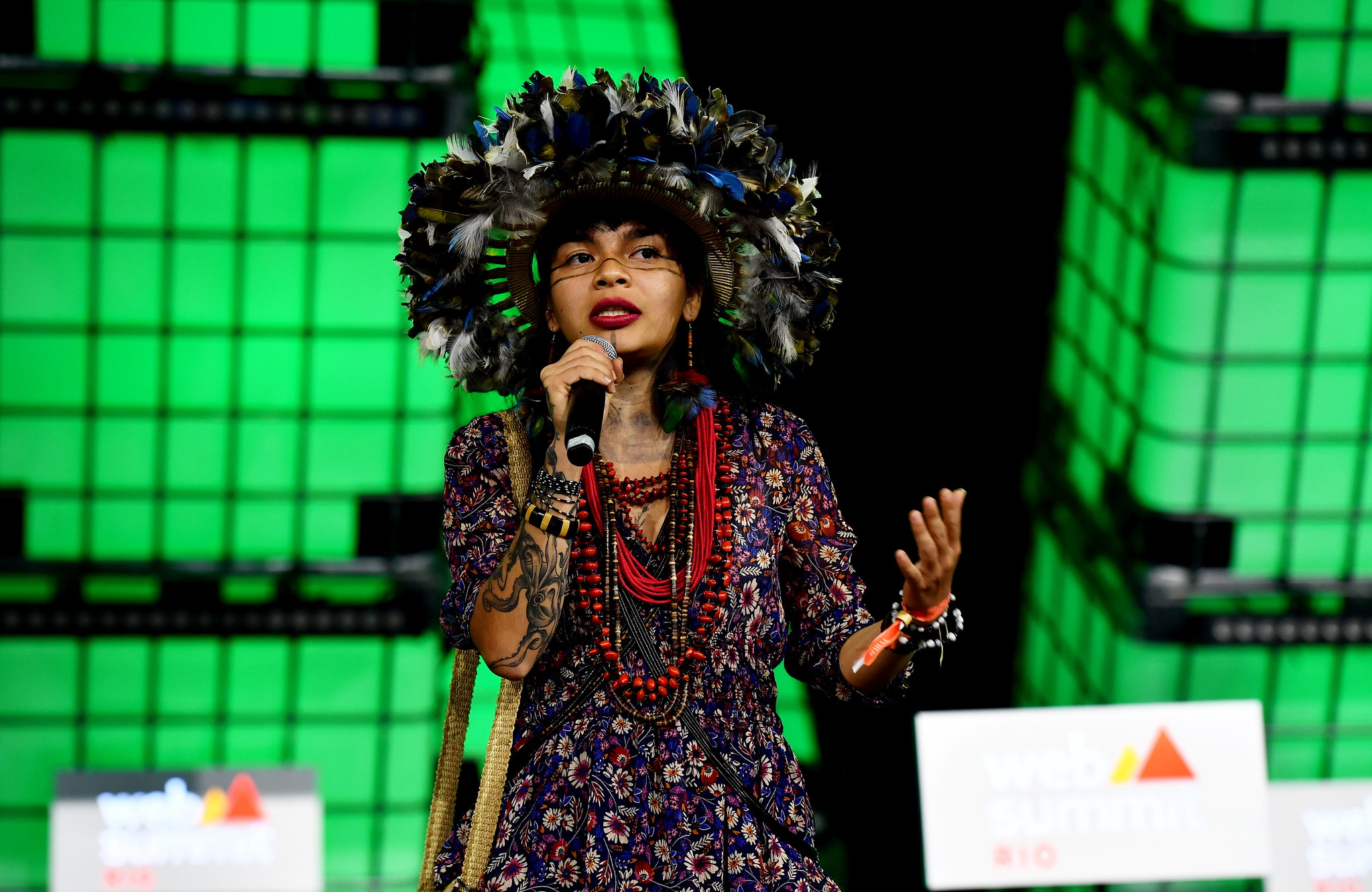 Amazonian Activist Txai Suruí on Centre Stage during the opening night of Web Summit Rio 2023 at Riocentro in Rio de Janeiro, Brazil