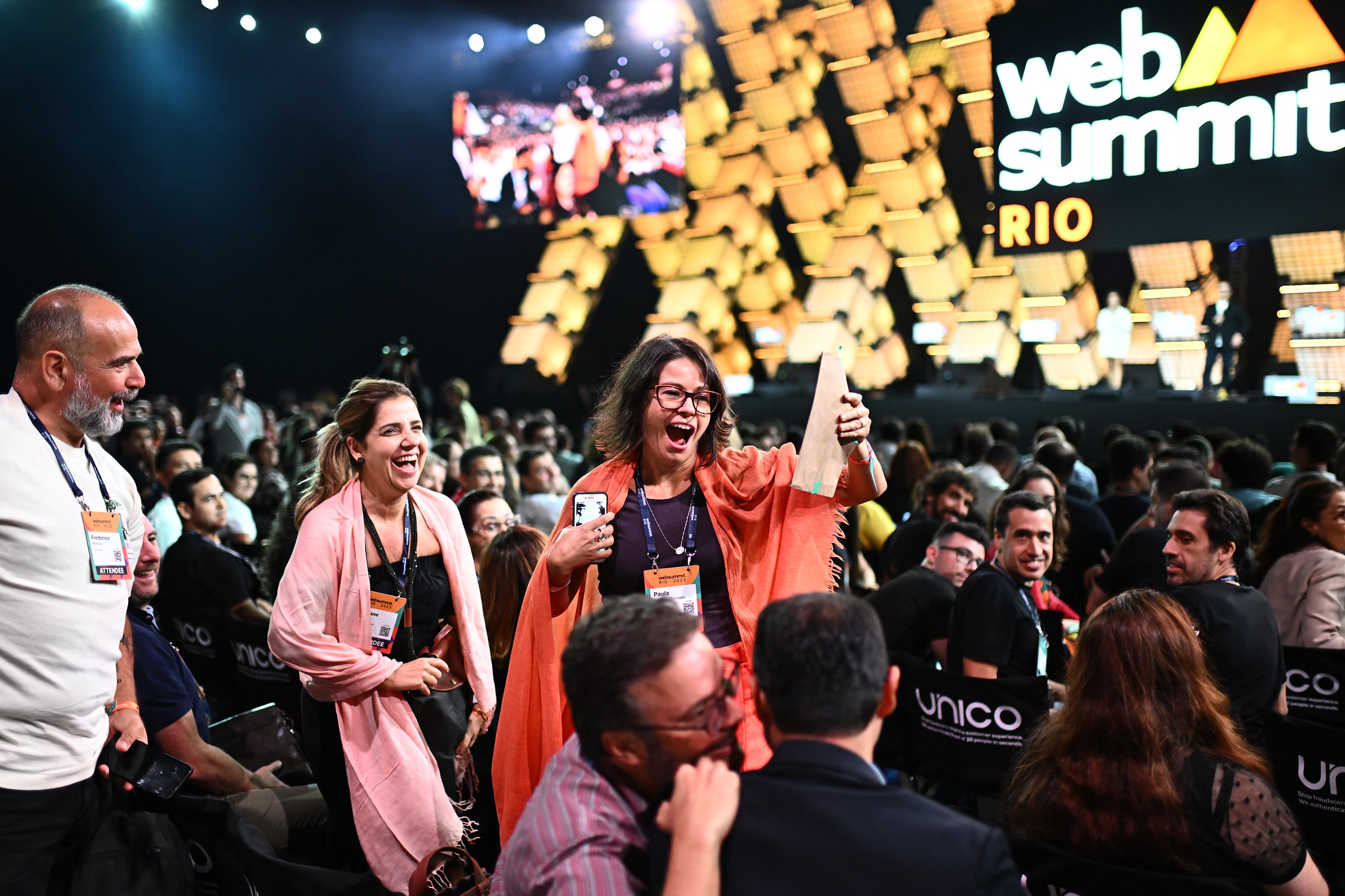 The Golden Ticket winner is announced on Centre Stage during the opening night of Web Summit Rio 2023 at Riocentro in Rio de Janeiro, Brazil