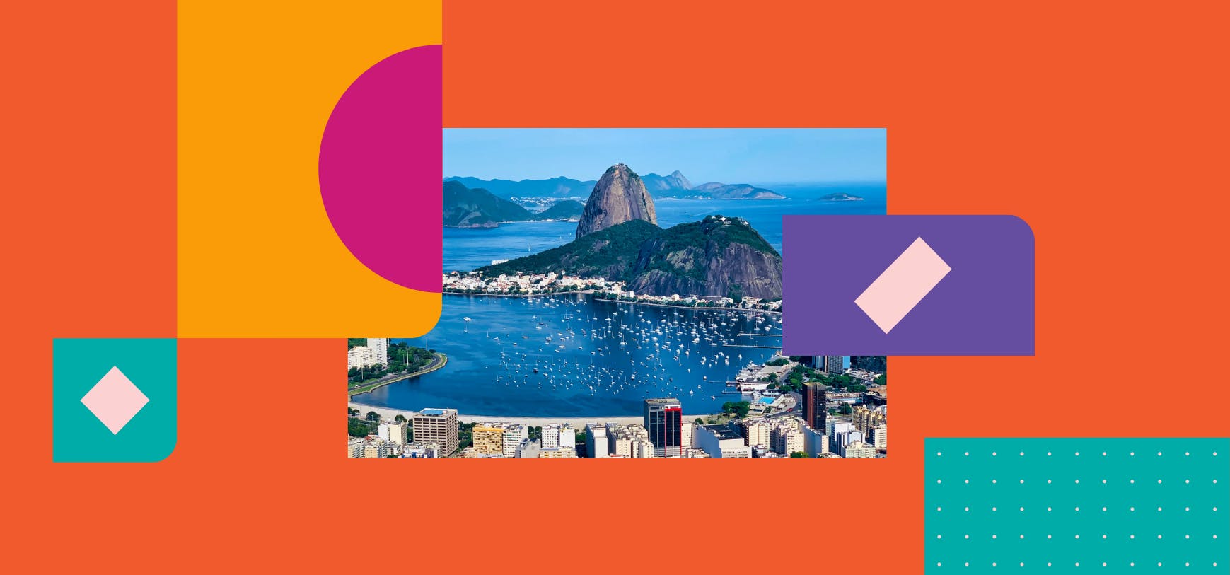 An image of Rio de Janeiro in Brazil. The city’s Sugarloaf Mountain is in the background. Guanabara Bay is displayed in the foreground of the image, with many boats dotted throughout.