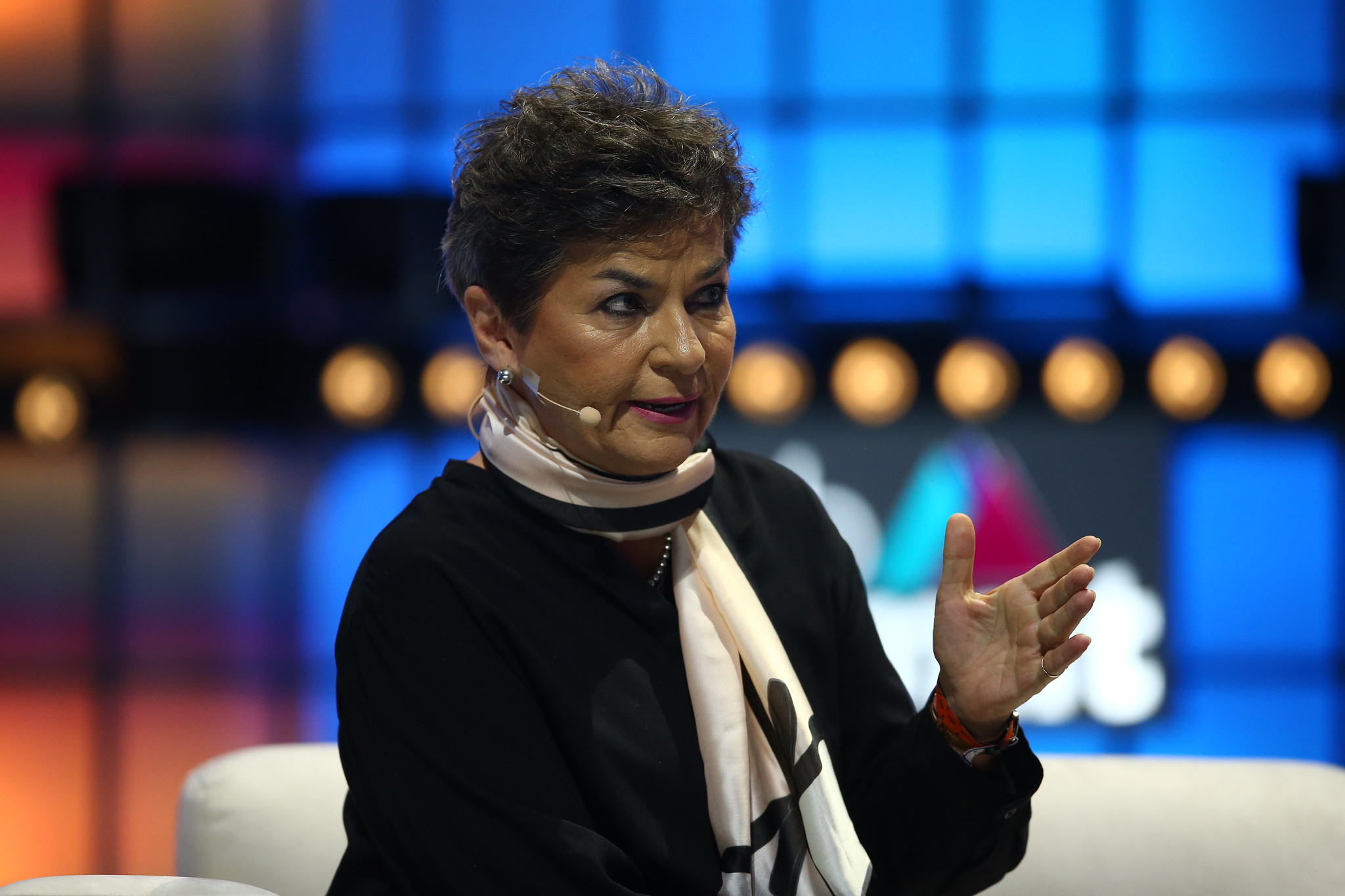 Christiana Figueres, Founding Partner, Global Optimism, on Centre Stage during day two of Web Summit 2019 at the Altice Arena in Lisbon, Portugal.