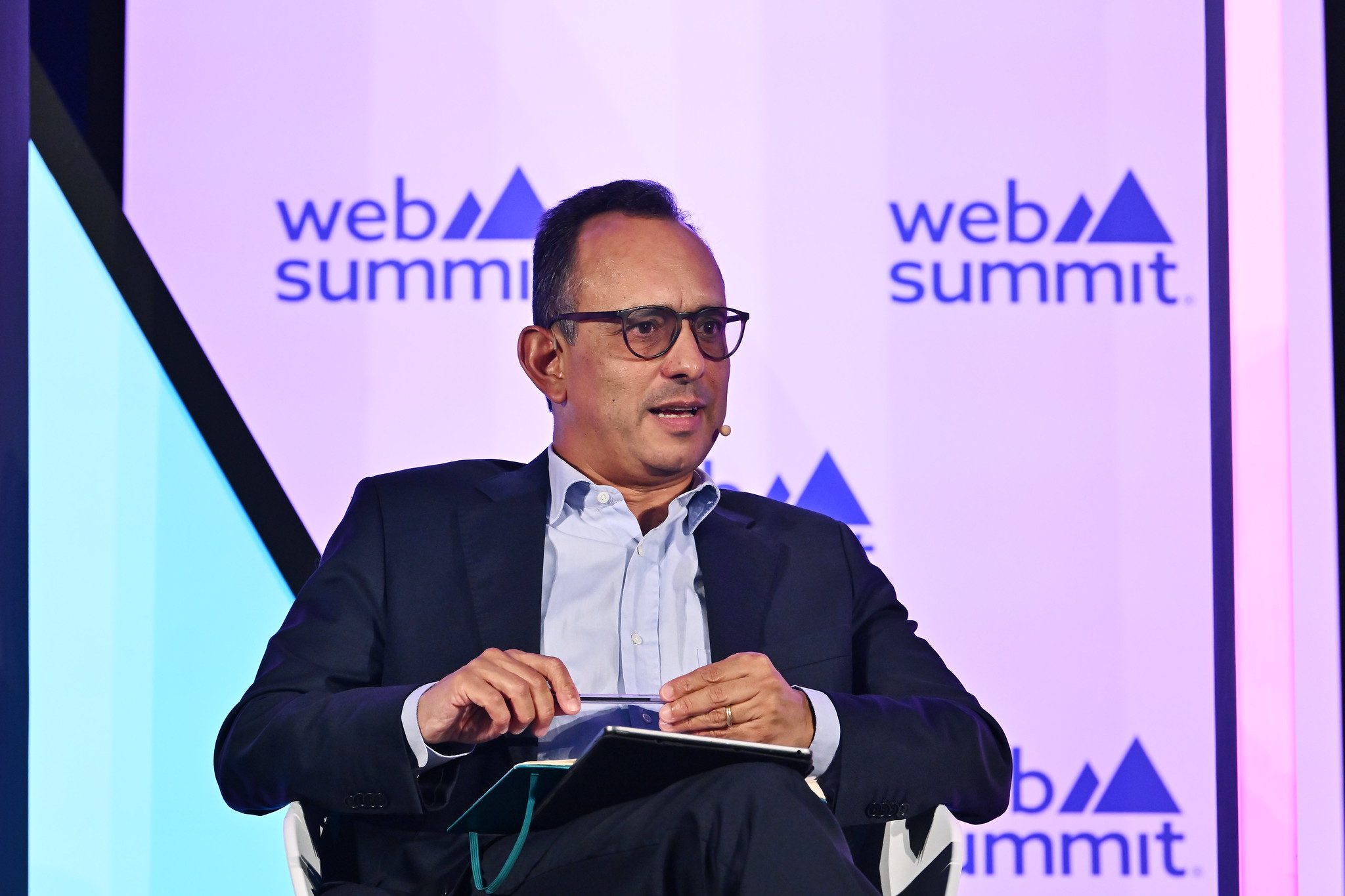 Ricardo Costa, Editor-in-chief, Sociedade Independente de Comunicação (SIC), on Fourth Estate Stage during day one of Web Summit 2023 at the Altice Arena in Lisbon