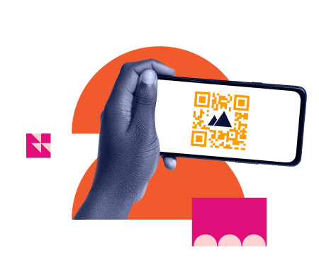 An illustration of a hand holding a mobile phone sideways. There is a QR code on the mobile phone with the Web Summit logo in the center. There are two semicircles behind the illustration.