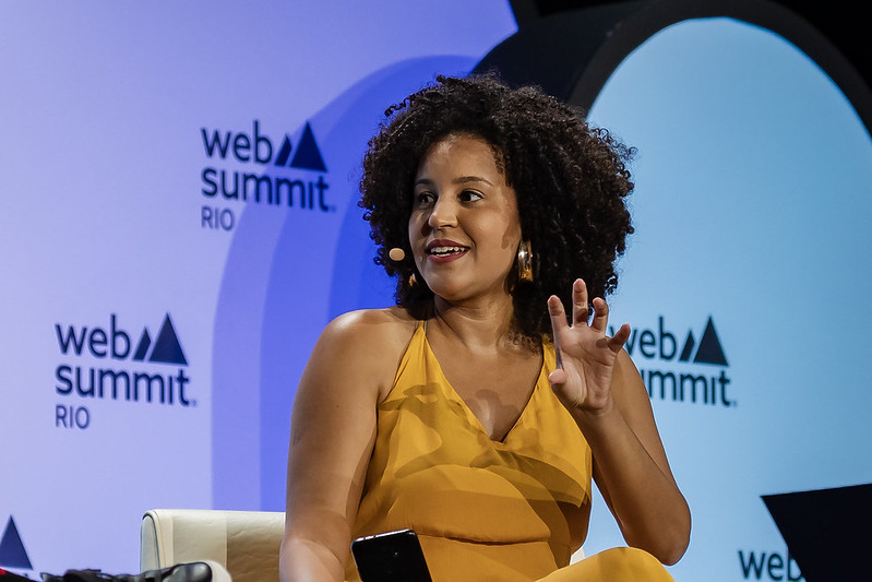 Marcelly Setúbal, reporter, Globo News, on stage at Web Summit Rio