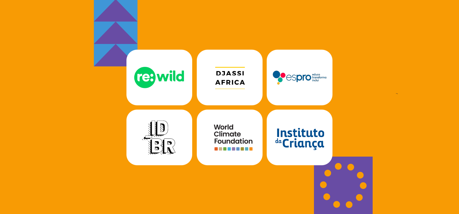 The logos of the six profiled Impact startups at Web Summit Rio, sitting on an orange background.