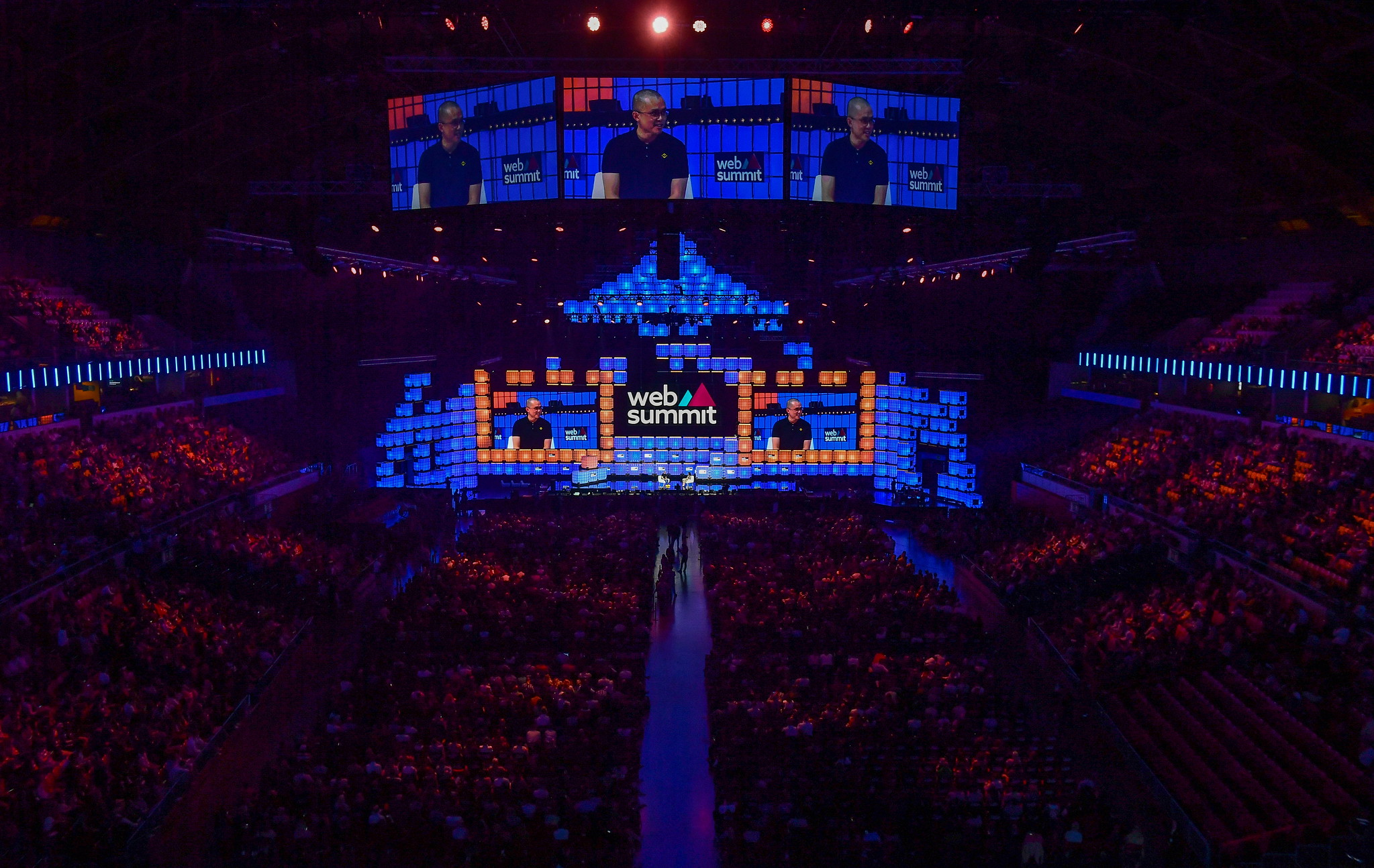 Web Summit Centre Stage viewed from a distance, with a packed crowd.