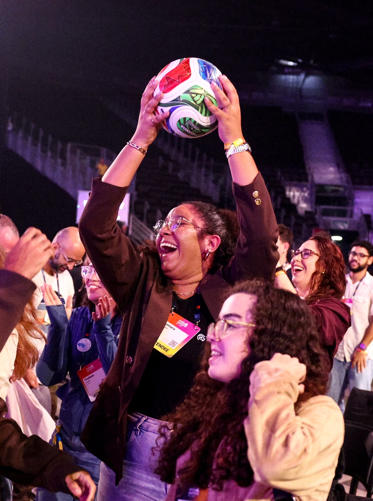 An attendee with a FIFA World Cup football during day three of Web Summit Rio 2026 at Riocentro in Rio de Janeiro