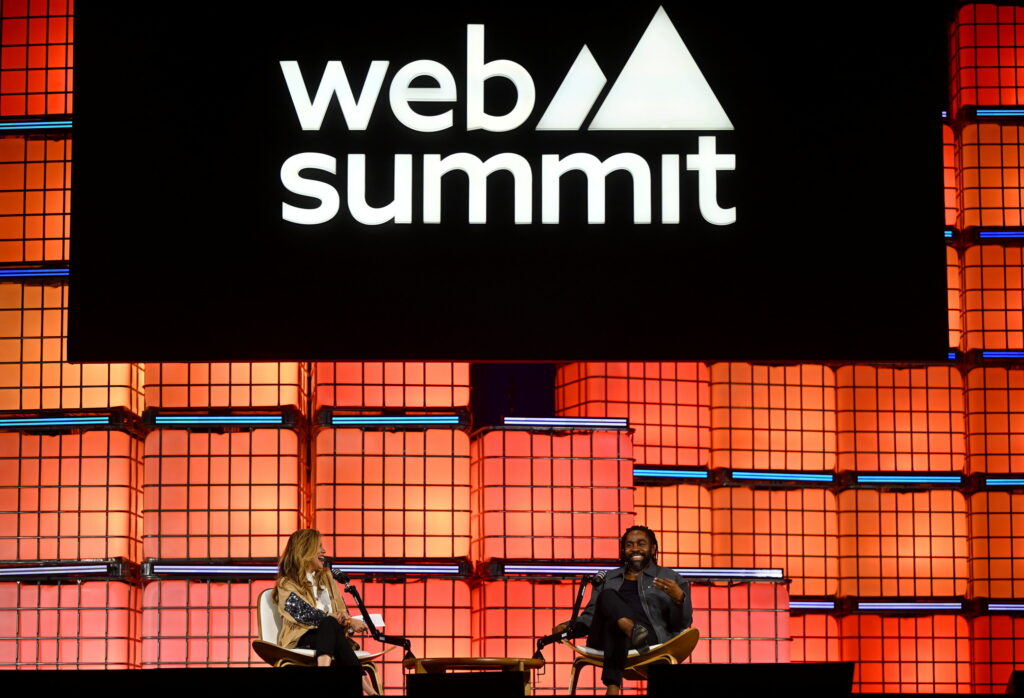 Natuza Nery, Journalist and Podcast Host, Globo, left, and Lázaro Ramos, Actor, Director, Entrepreneur, Globo, speaking at Centre Stage during opening night of Web Summit Rio 2026 at Riocentro